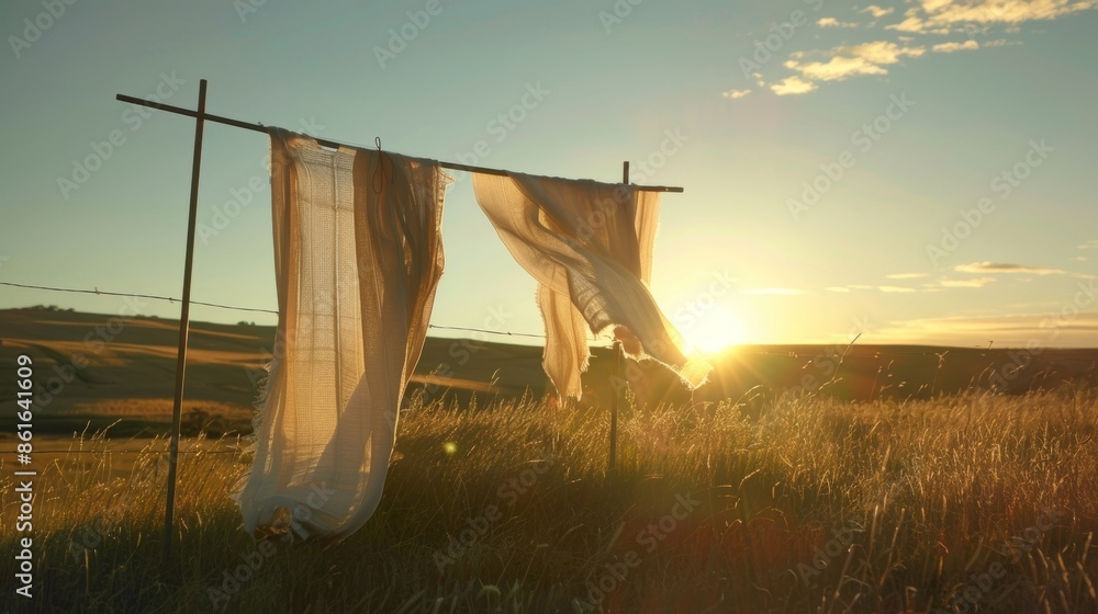 Poster a pair of curtains flapping wildly in the wind as they hang from an outdoor drying rack in the middl