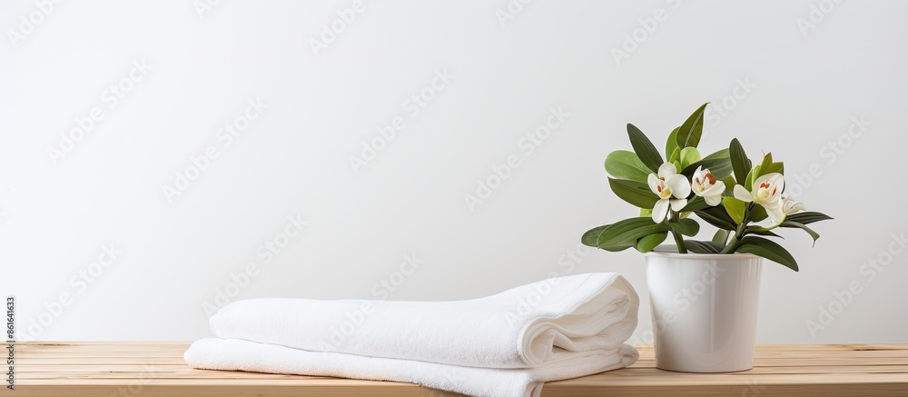 Poster a white table with clean white towels, a houseplant, and space for additional design or text in the 