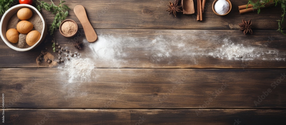Poster rustic wooden table with a baking border, a rolling pin, fresh ingredients in bowls, and a copy spac
