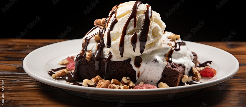 Aufkleber brownie sundae topped with vanilla ice cream, chocolate sauce, whipped cream, and nuts with room for