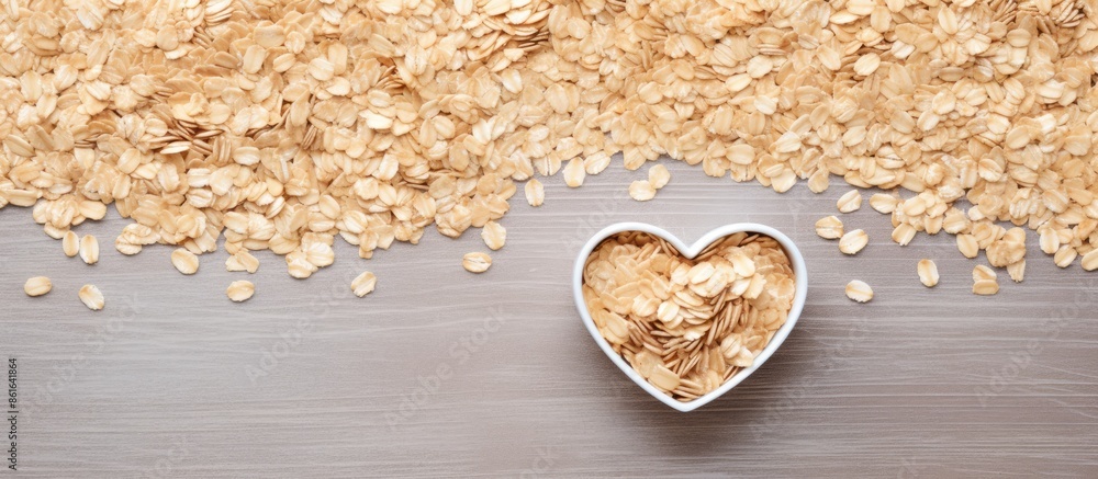Poster rolled oat flakes arranged in a heart shape with space for text in the image. with copy space image.