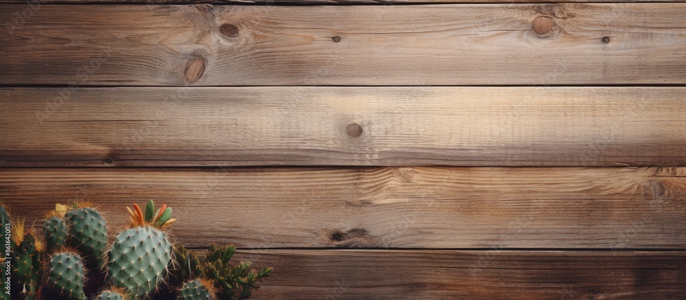 Aufkleber Cactus placed on a rustic wooden surface with a blank area for an image. with copy space image. Place for adding text or design