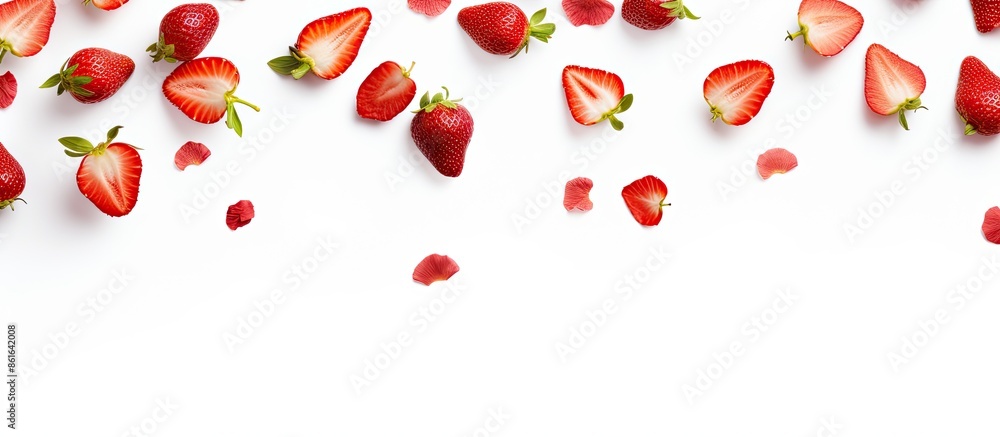 Poster strawberry pieces on white backdrop with copy space image. flying fresh natural slices isolated in t