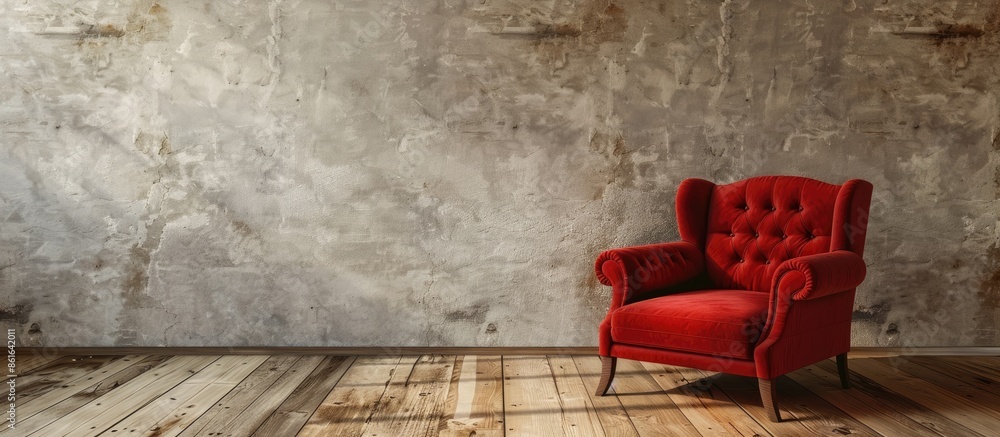 Poster Elegant red chair in an empty room with wooden floor. with copy space image. Place for adding text or design