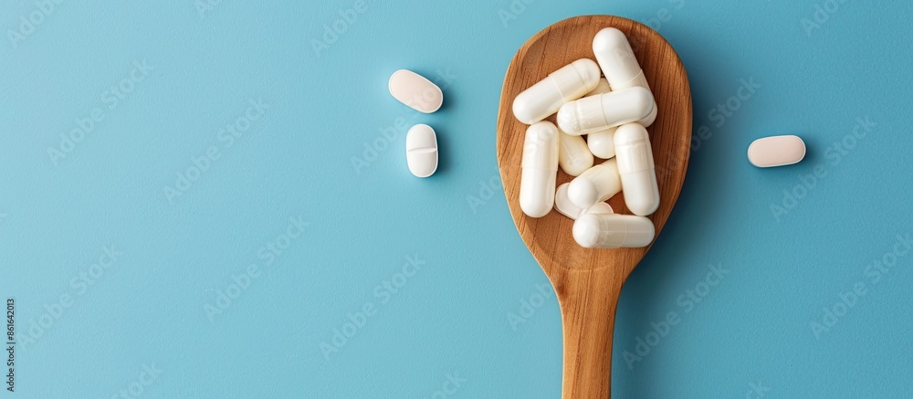 Poster close-up of white pills in a wooden spoon against a blue backdrop with selective focus and available