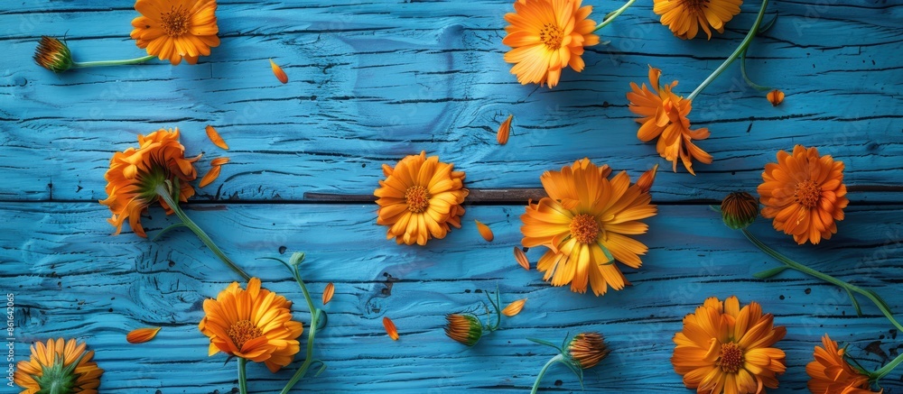 Aufkleber fresh calendula flowers on a blue wooden surface, ideal for text placement in a flat lay copy space 