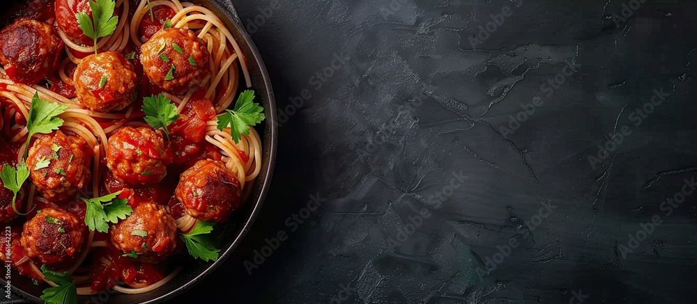 Aufkleber top view of a frying pan filled with spaghetti pasta and meatballs in a tomato sauce garnished with 