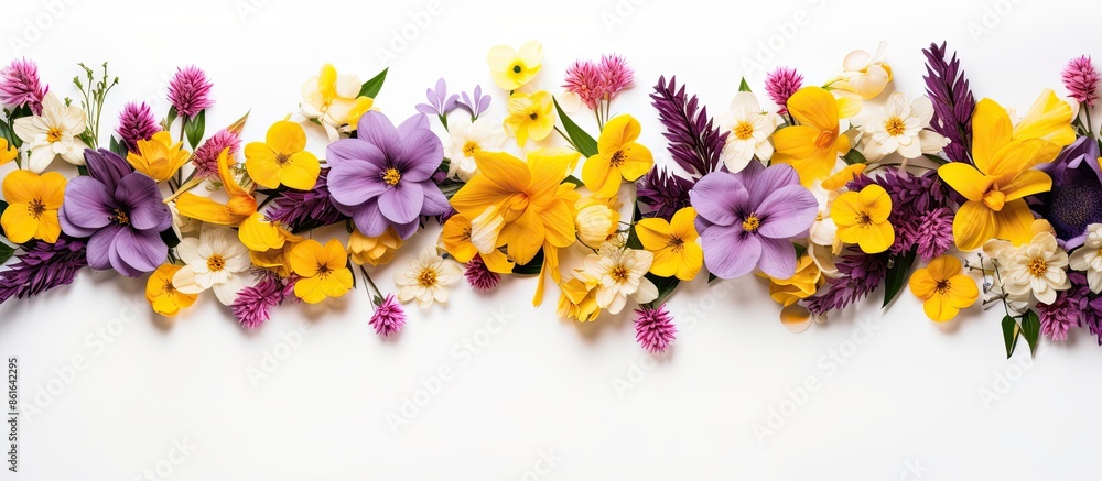 Poster an arrangement of yellow and purple flowers on a clean white backdrop, symbolizing spring and easter