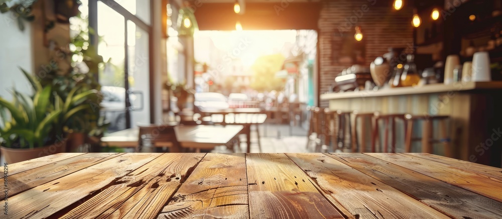 Poster wooden table with empty surface and a blurred coffee shop background, with a clean, bright foregroun
