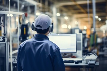 Obraz premium Rear view of a quality assurance technician working in factory