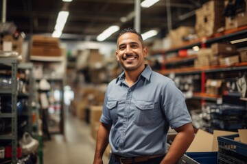 Portrait of a smiling middle aged male worker in tool shop