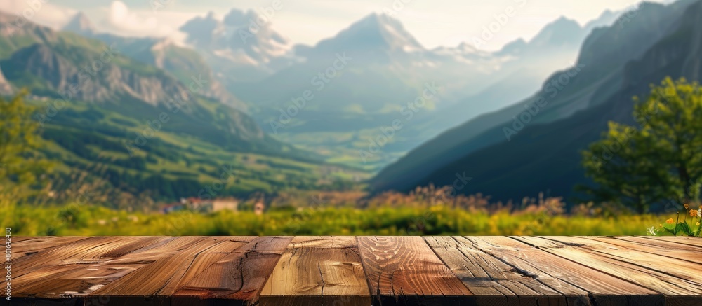 Aufkleber a wooden table top set against a blurry mountain and grass field backdrop, evoking a sense of freshn