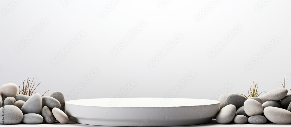 Aufkleber Podium or platform made of pebble stones used as a mock-up to display your product with a white background for copy space image.