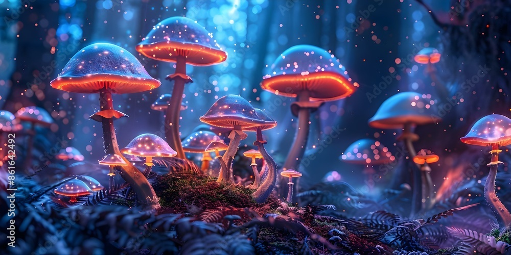 Aufkleber enchanted forest with magical mushrooms neural network in january 2024. concept fantasy, neural netw