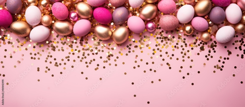 Poster a top-down view of decorated pink and gold eggs surrounded by colorful confetti, set against a pink 
