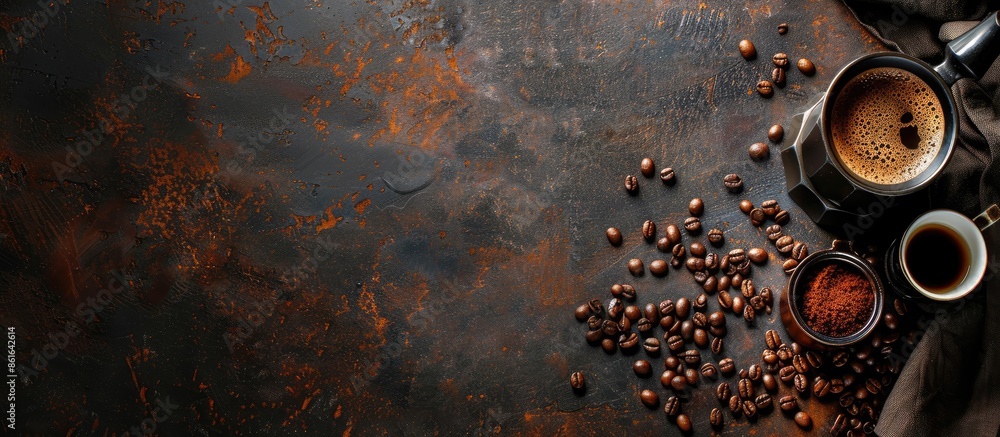 Poster An image featuring a cup of coffee, roasted beans, and a coffee pot as the main subject, with empty space for text or additional elements.