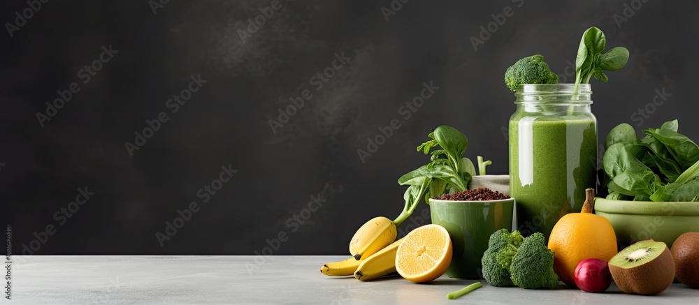Poster a glass jar filled with a green smoothie surrounded by fresh organic produce on a gray backdrop, emb