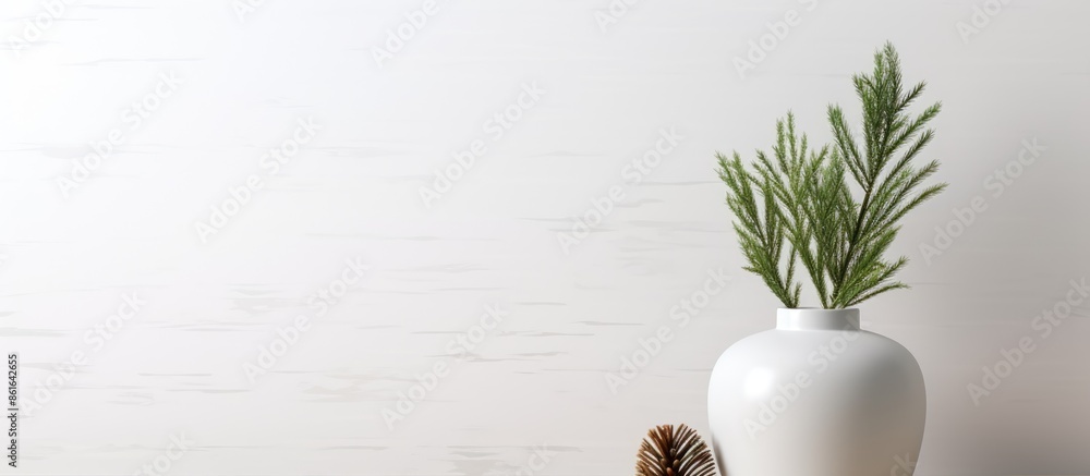 Aufkleber empty white wall mock up adorned with green fir branches in a vase on a white table, perfect for sho