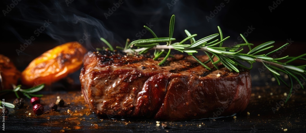 Aufkleber Close-up image showcasing a steak with rosemary and spices on a dark rustic background, with ample copy space around the main subject.