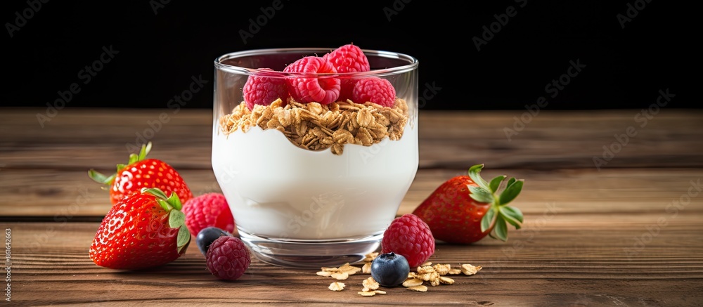 Poster glass of diet yogurt with granola, fresh berries, and strawberry slices on a wooden table with a spa