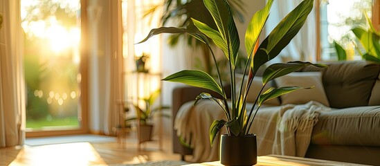 A sunny living room featuring a tropical houseplant, strelitzia nicolai, with ample copy space in the image.