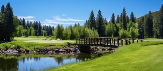 Obraz premium Scenic golf course with a charming wooden bridge overlooking a picturesque summer landscape of lush green meadows, dense forests, and a clear blue sky in the background. with copy space image