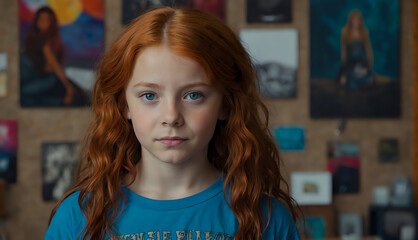 Leslie, a 12 year old girl, red hair, blue eyes, wearing a t-shirt.