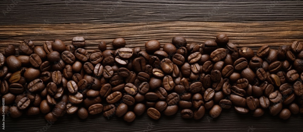 Poster coffee beans in black color on a rustic wooden surface with a photo featuring ample copy space.