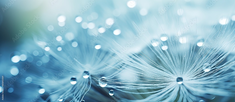 Poster macro photo of dew drops on a dandelion seed with a soft blue backdrop, resembling water droplets on