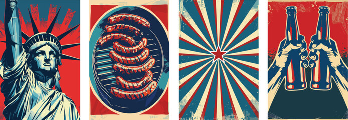 Set of American 4th July celebration posters. With iconic American icons. Patriotic USA background