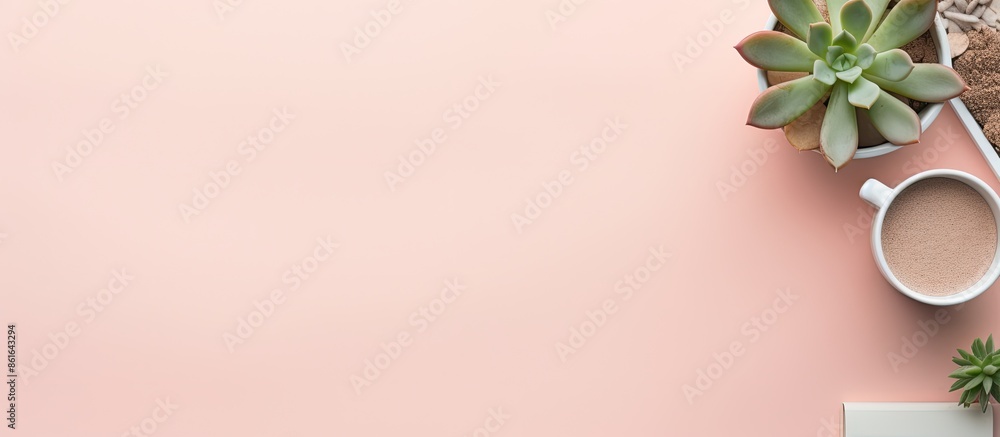 Poster Top view of a workspace featuring pink sticky notes and a succulent plant, with copy space image.