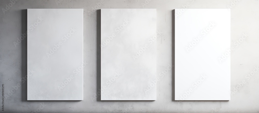 Poster Three white rectangular poster mockups with soft shadows displayed on a neutral grey concrete wall with a top-down view for copy space image.