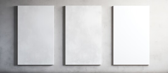 Fototapeta premium Three white rectangular poster mockups with soft shadows displayed on a neutral grey concrete wall with a top-down view for copy space image.