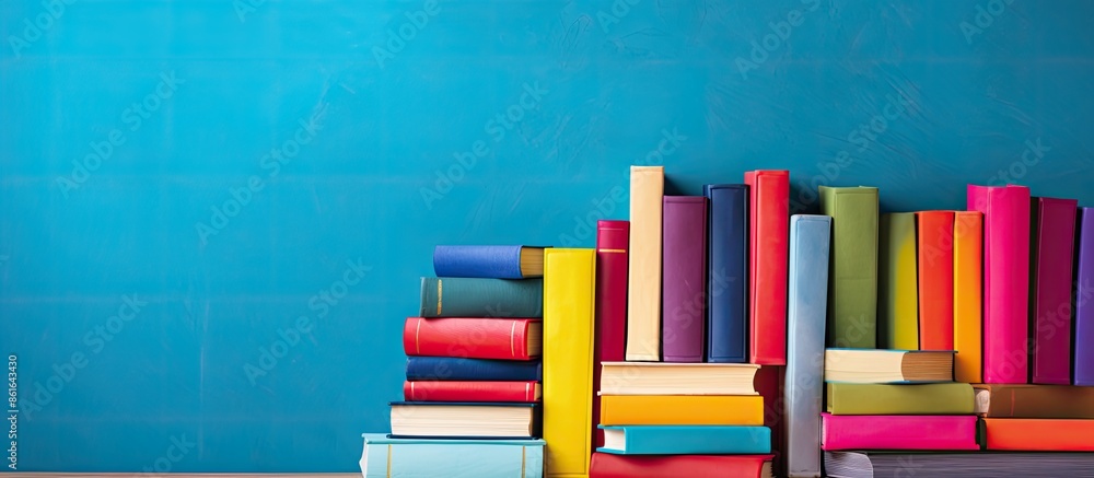 Aufkleber Colorful background with bright hardback books and an open book, ideal for back to school themes. Ample copy space image is available for text.