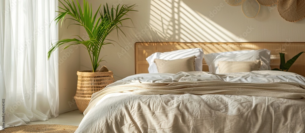 Leinwandbilder natural fabric bedding on the bed. with copy space image. place for adding text or design