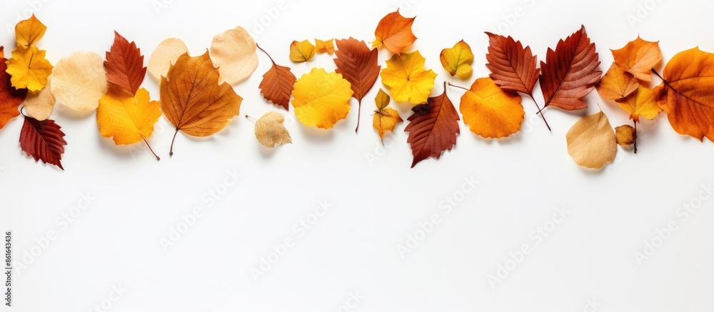 Aufkleber fall-themed backdrop using a border of dried autumn leaves on a white background, conveying an autum