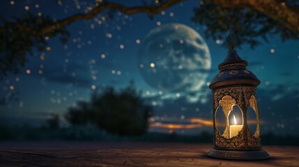 This image presents a glowing lantern placed on a wooden surface under a star-filled sky with a large moon prominently featuring in the background.