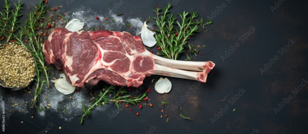 Poster Uncooked lamb shanks and mutton meat displayed on a kitchen table against a gray background in a top-view copy space image.