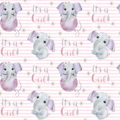 Seamless pattern with watercolor elephants for girls. Happy Birthday.