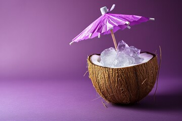 A tropical coconut drink with an umbrella against a colourful background, illustrating a travel or vacation concept.