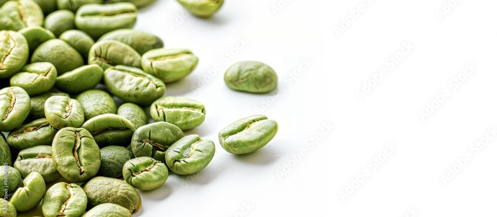 Poster detailed close-up of unroasted green coffee beans on a white background for wallpaper or design with