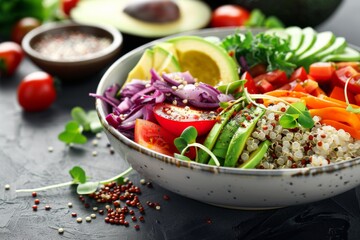 Chopped vegetable salad with quinoa and avocado in bowl on table