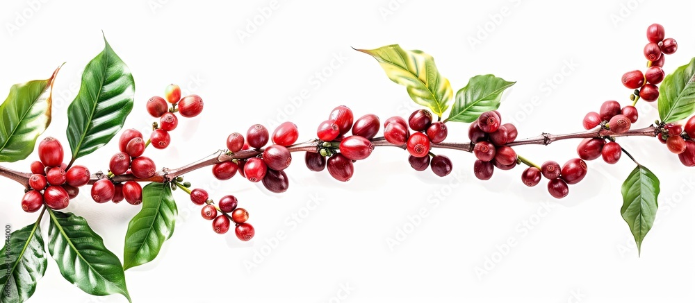Poster red coffee beans on a branch of coffee tree, ripe and unripe berries isolated on white background. c
