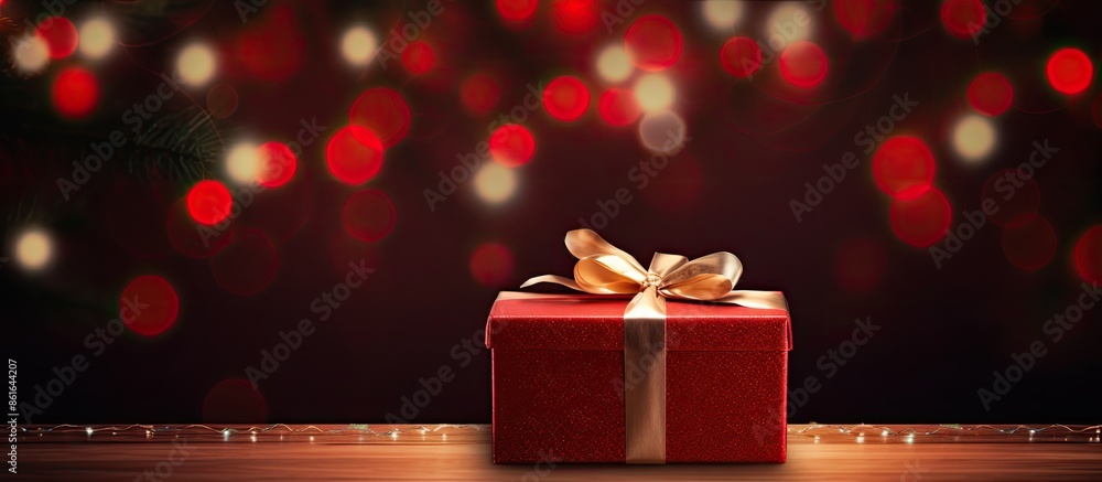 Poster A Christmas gift box surrounded by conifer branches and glowing lights against a red backdrop with ample copy space image.