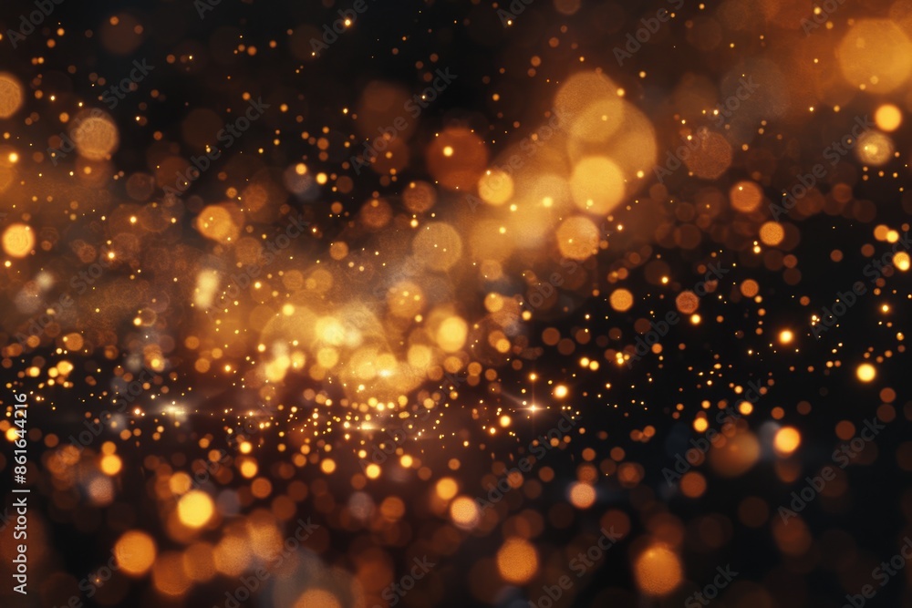 Poster blurry image of gold lights on a dark background, great for using as a texture or abstract design el