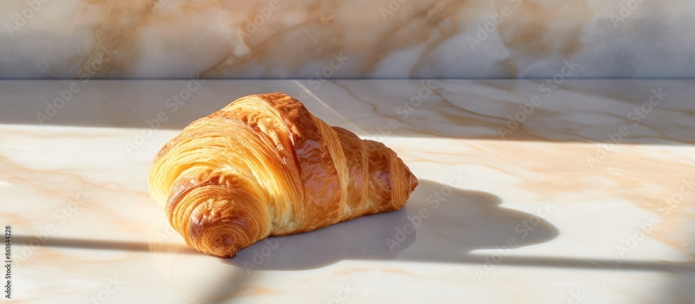 Poster a white plate displaying a freshly baked croissant on a marble floor, basking in morning sunlight wi