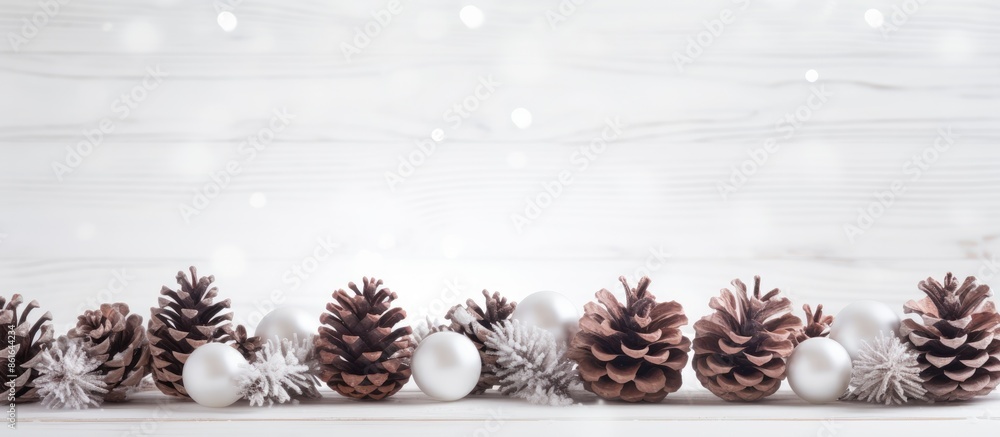 Aufkleber white wooden table decorated with pine cones, creating a pure christmas ambiance with copy space ima