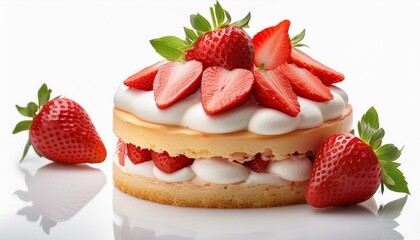 strawberry cream cake on white background