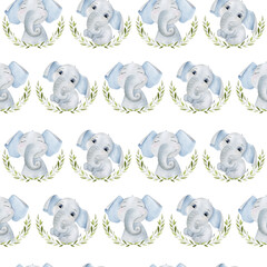 Fototapeta premium Seamless pattern with watercolor elephants for boys.