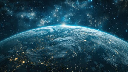 This image offers a stunning space view of Earth, with glowing lights and a visible atmosphere, emphasizing our planet's beauty and interconnected civilizations.